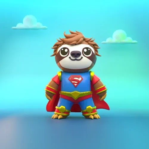 3D cartoon sloth superhero with brown hair, blue suit, red cape, and an S emblem on chest.