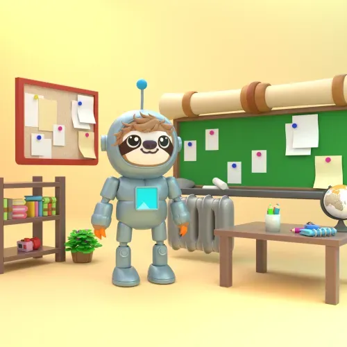 Cute sloth in a robot suit standing in a bright room with books, plants, and a chalkboard.