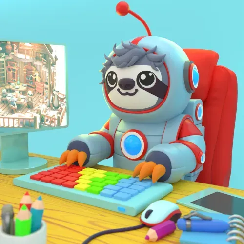 A cute sloth in a colorful spacesuit typing on a rainbow keyboard at a desk with a screen and stationery.
