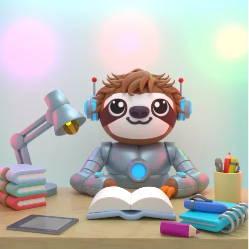 Robot sloth with headphones at desk reading a book with books, notebook, lamp, and pencils nearby.