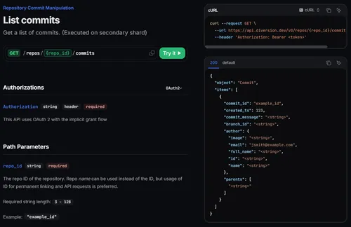 Diversion API example for listing commits with cURL and JSON response.