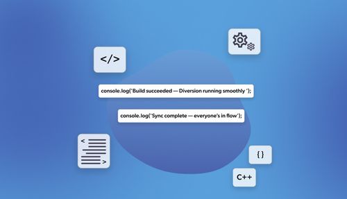 Blue background with code symbols and snippets like console.log showing build and sync success messages.
