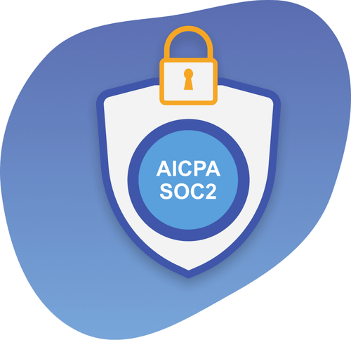 Shield icon with a lock on top and text 'AICPA SOC2' in the center representing security compliance.