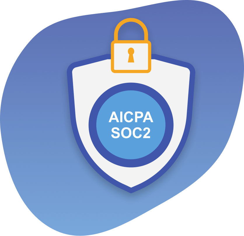 Shield icon with a lock on top and text 'AICPA SOC2' in the center representing security compliance.