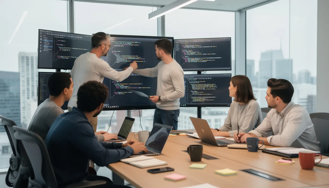 A team of developers collaborates in a modern office, reviewing code together on large screens, utilizing advanced AI coding tools for real-time code suggestions and code optimization. The environment fosters effective code reviews and enhances coding efficiency through the use of AI-powered coding assistance and collaboration on complex code snippets.