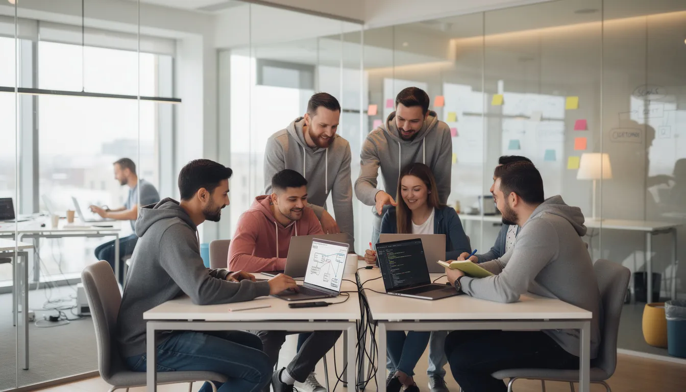 The image depicts a group of software engineers collaborating around laptops in a modern office environment, showcasing a tech lead guiding the development team through agile processes. The scene highlights teamwork and technical leadership as team members engage in discussions about coding and project management.