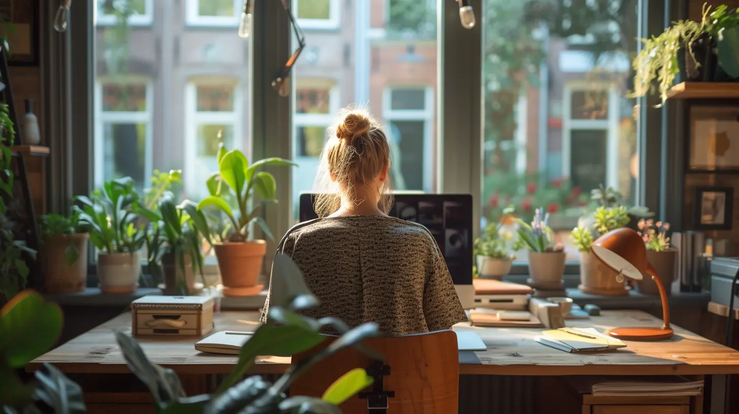 Vrouw werkt aan een bureau vol planten