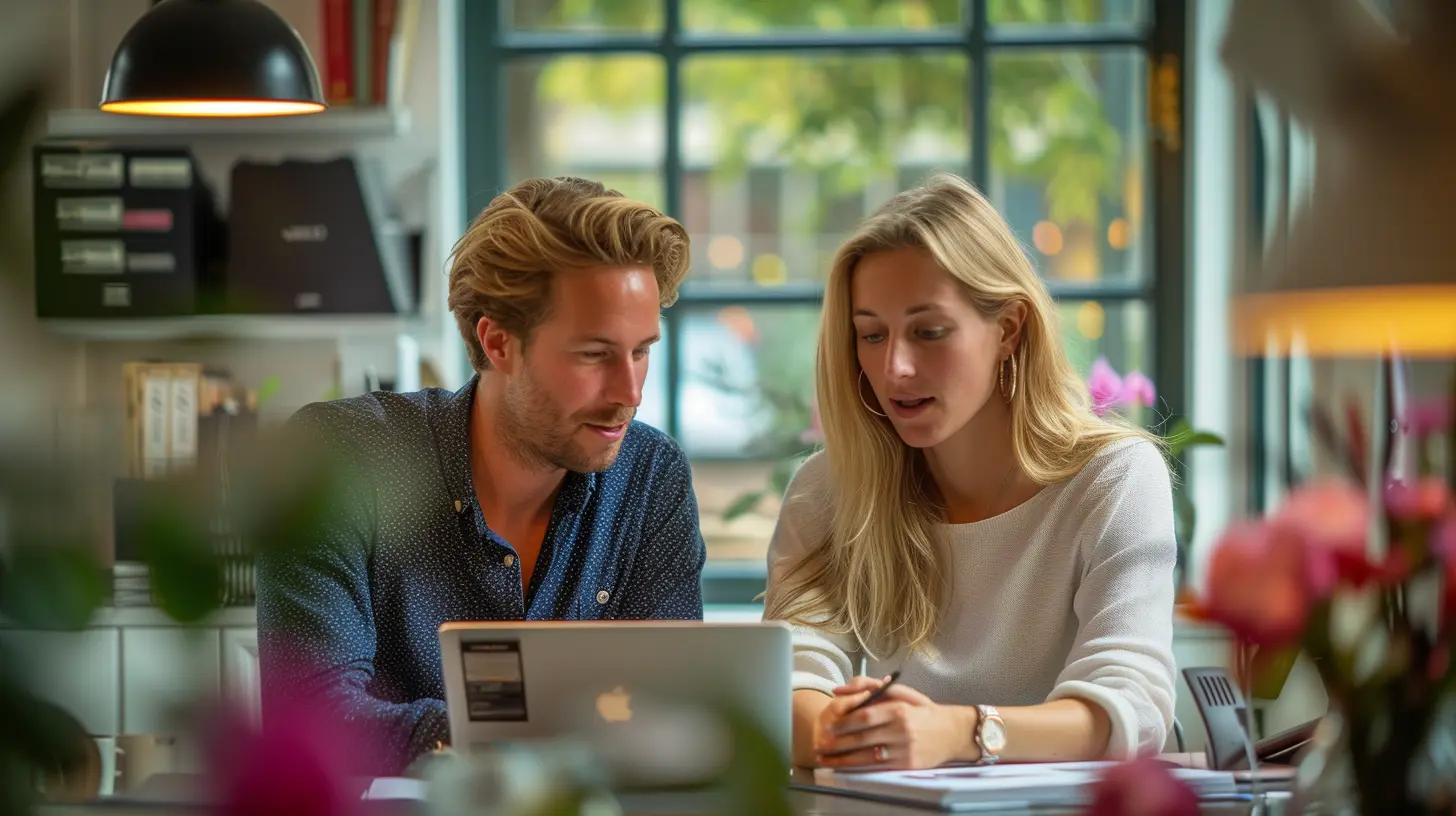 Twee collega's werken samen aan een laptop