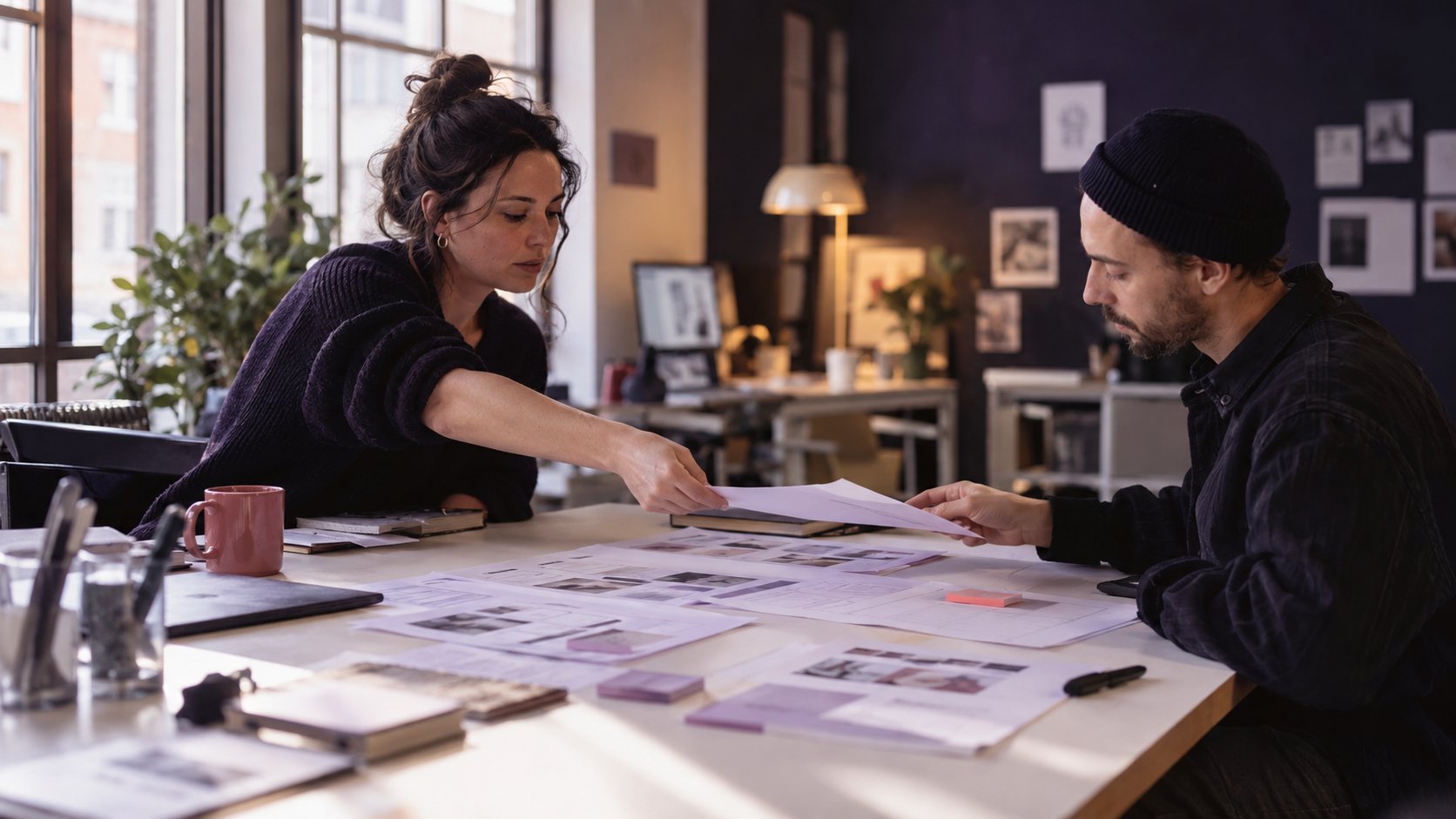 Twee collega's bespreken geprinte wireframes aan een grote tafel in een studio