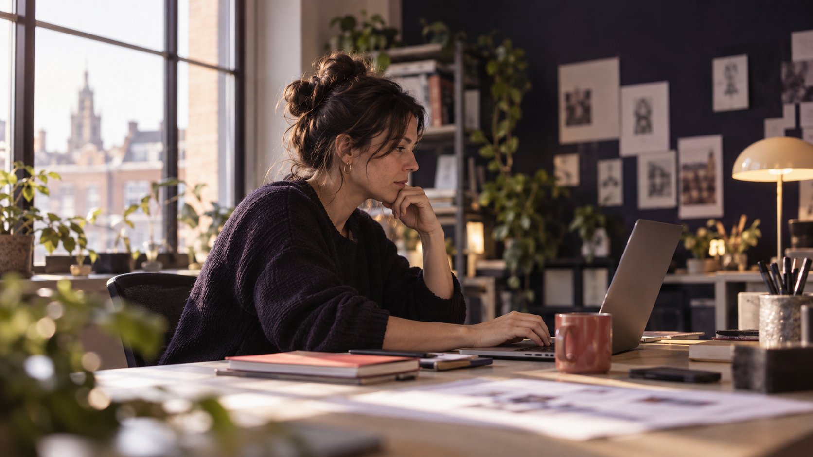 Vrouw werkt geconcentreerd aan een laptop bij het raam in een studio