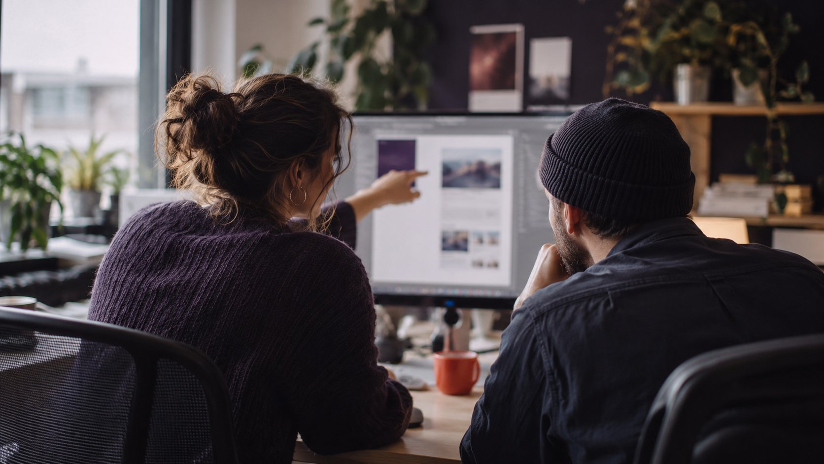 Designer en ontwikkelaar bespreken samen een websiteontwerp op een groot scherm