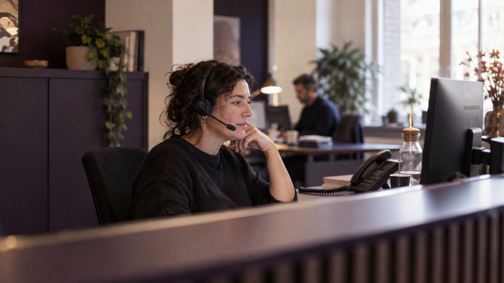 Medewerker met headset aan de balie handelt klantvragen af