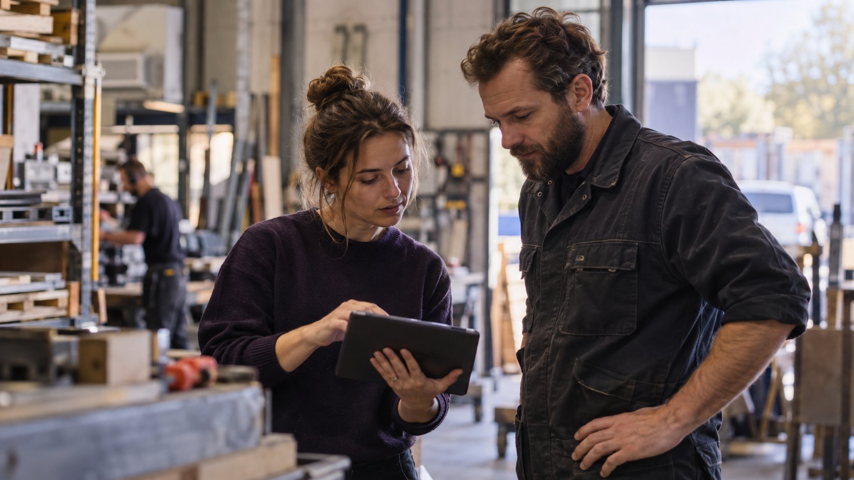 Medewerker laat een collega in de werkplaats iets zien op een tablet