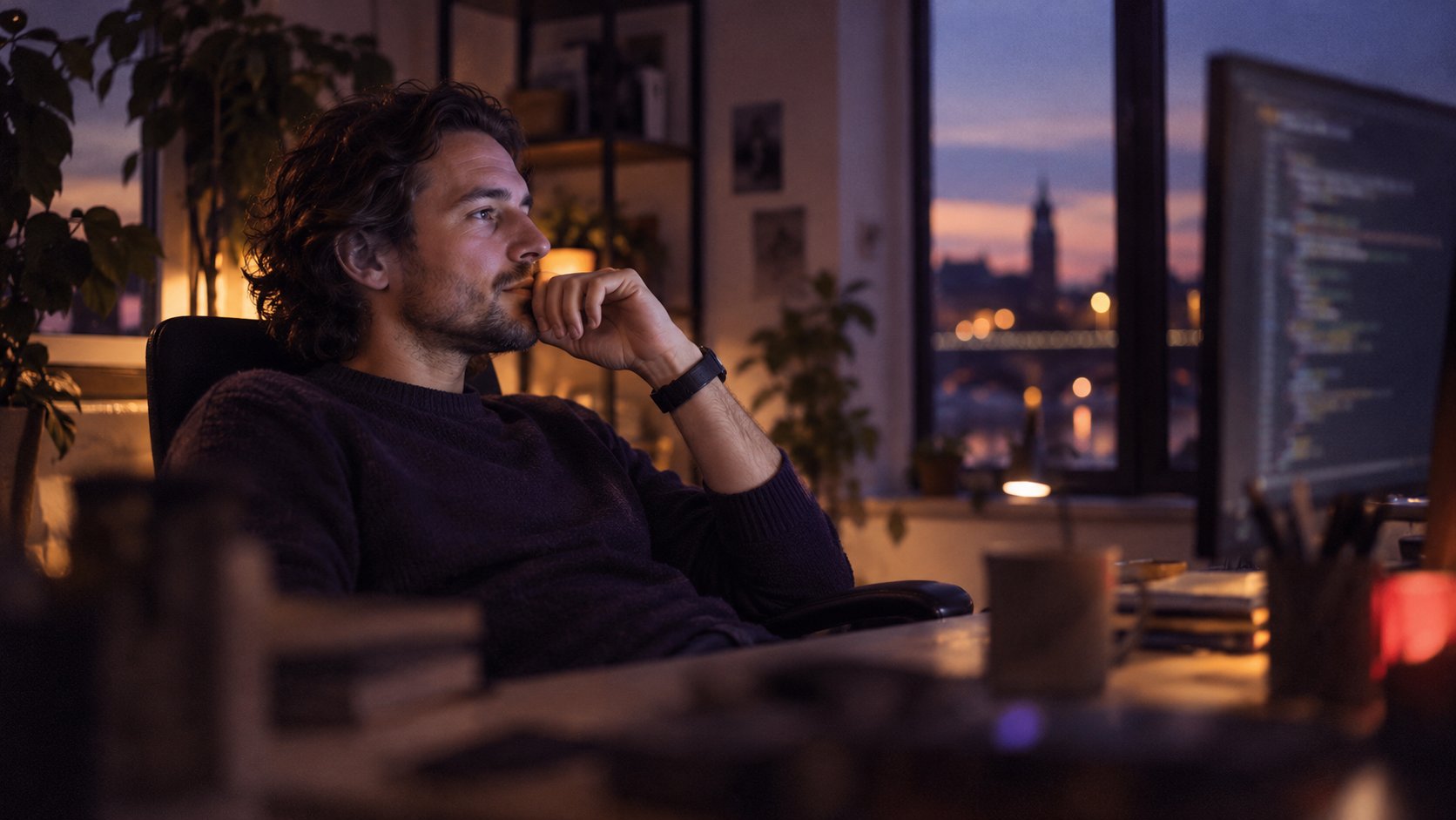 Ontwikkelaar kijkt 's avonds peinzend naar code op een scherm