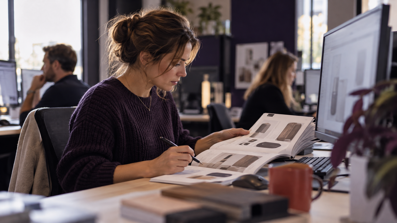 Binnendienstmedewerker vergelijkt een productcatalogus met een scherm