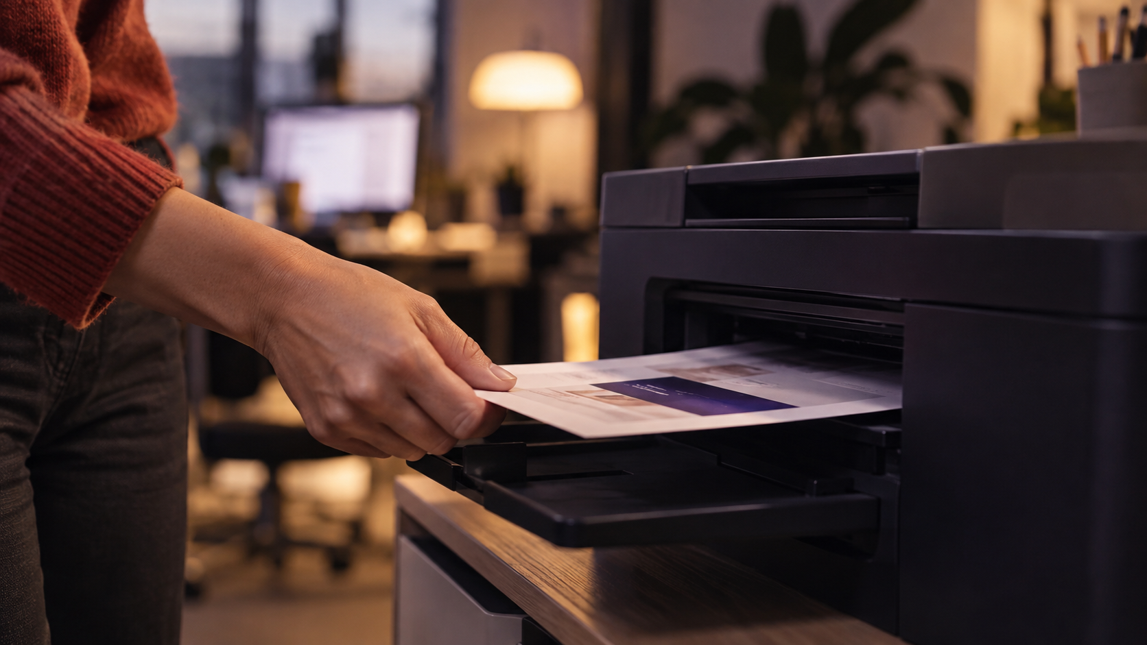 Hand pakt een net geprint document uit een printer