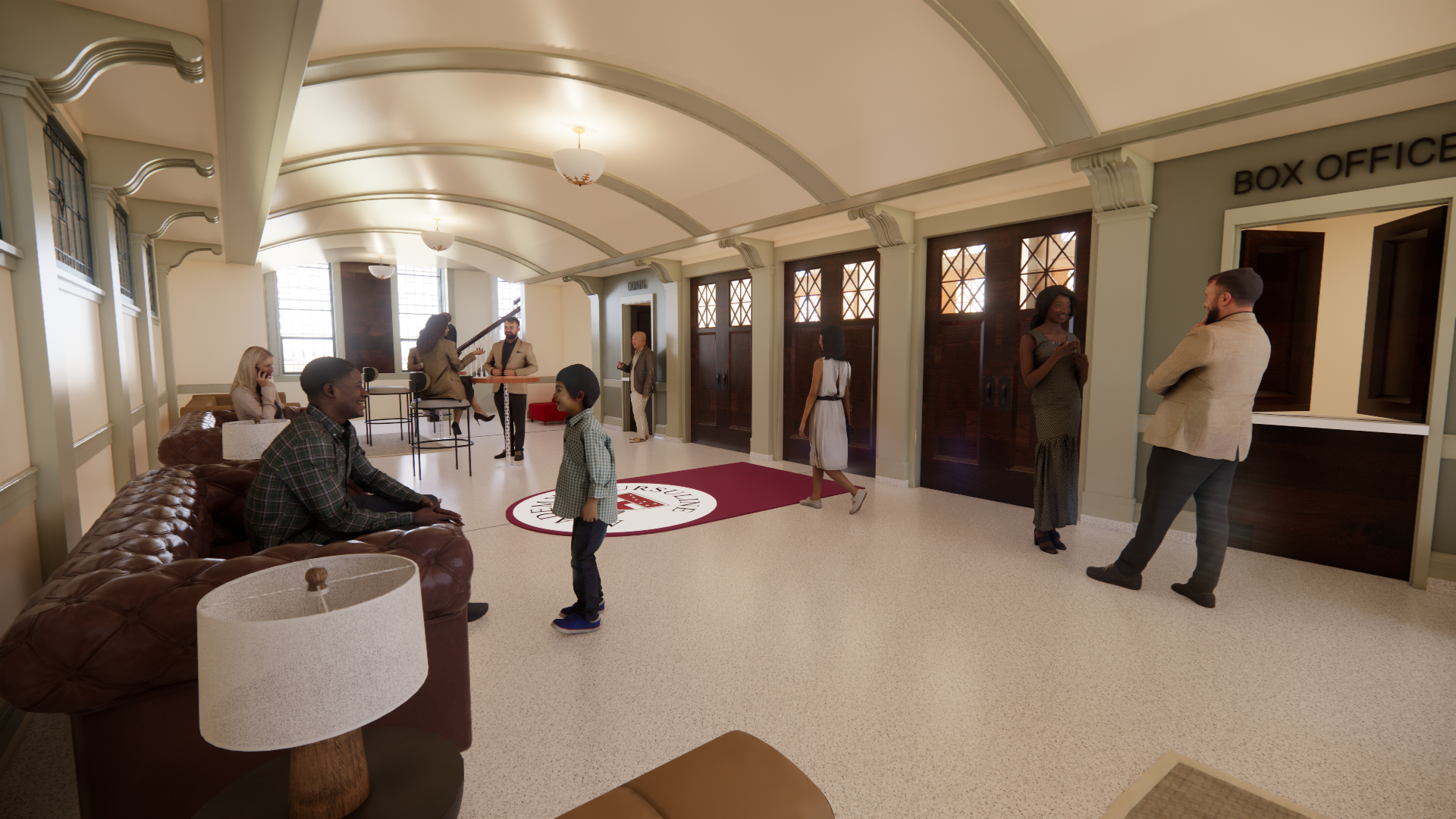 Rendering of the McConnell Center lobby with guests gathering near the box office