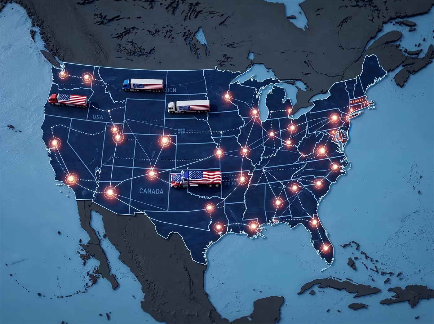 Overhead view of a logistics network with connected distribution centers and transportation routes