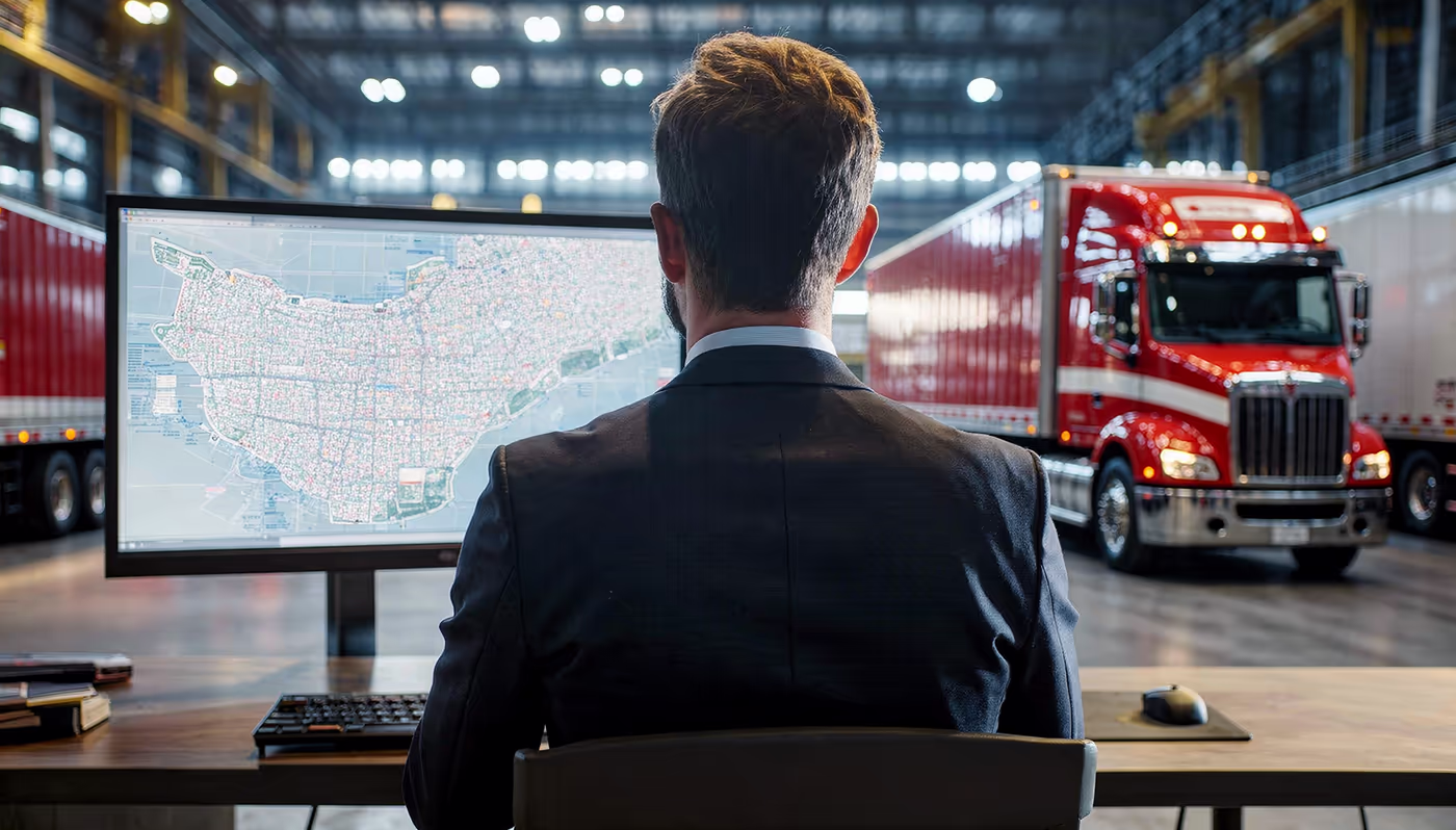 A logistics manager analyzing transportation data on multiple screens in a shipping office
