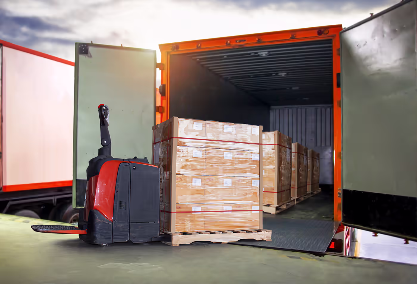 Properly packaged and tightly secured pallets inside a freight truck.