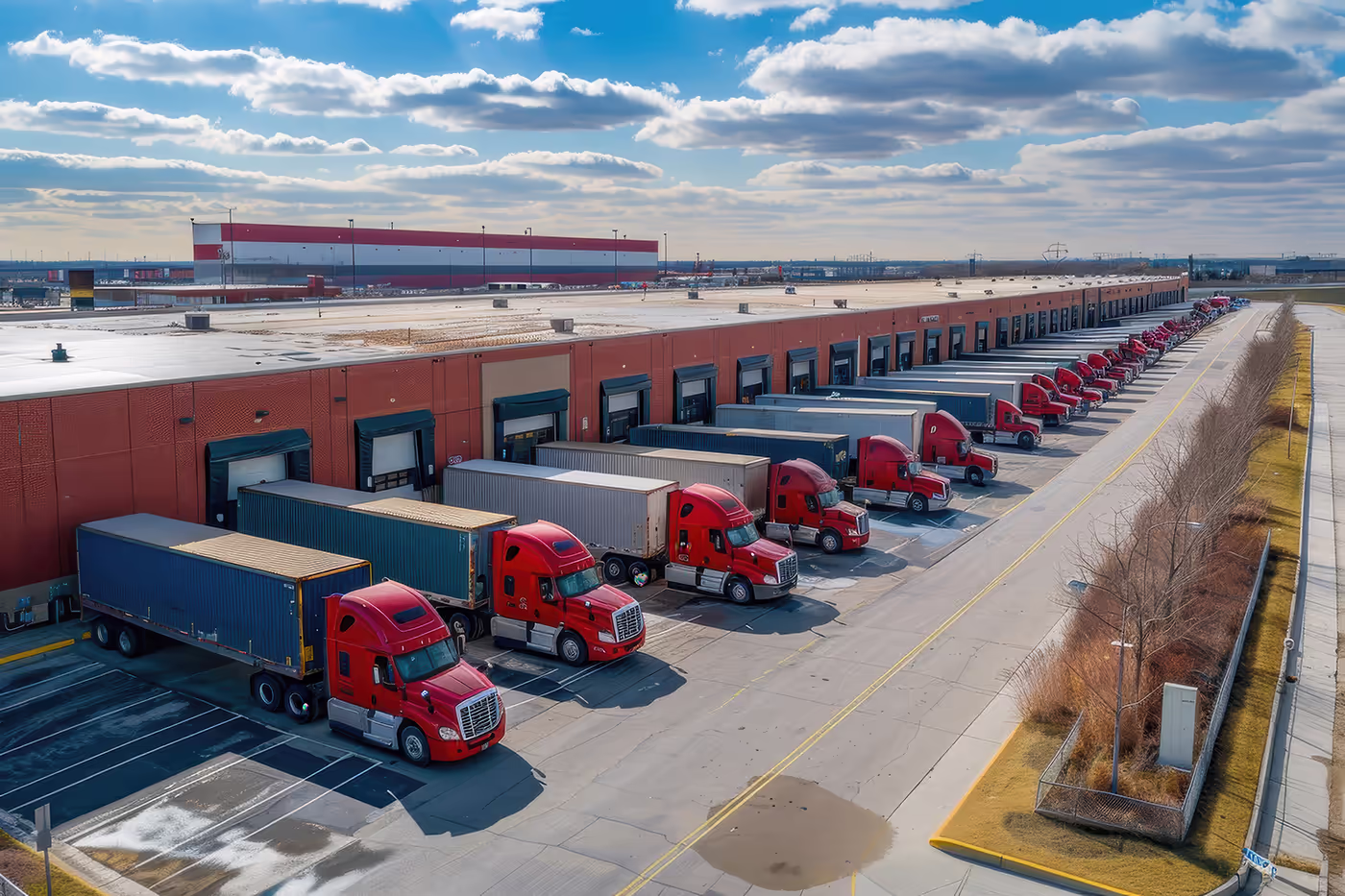 Modern dedicated semi trucks lined up at a warehouse loading dock