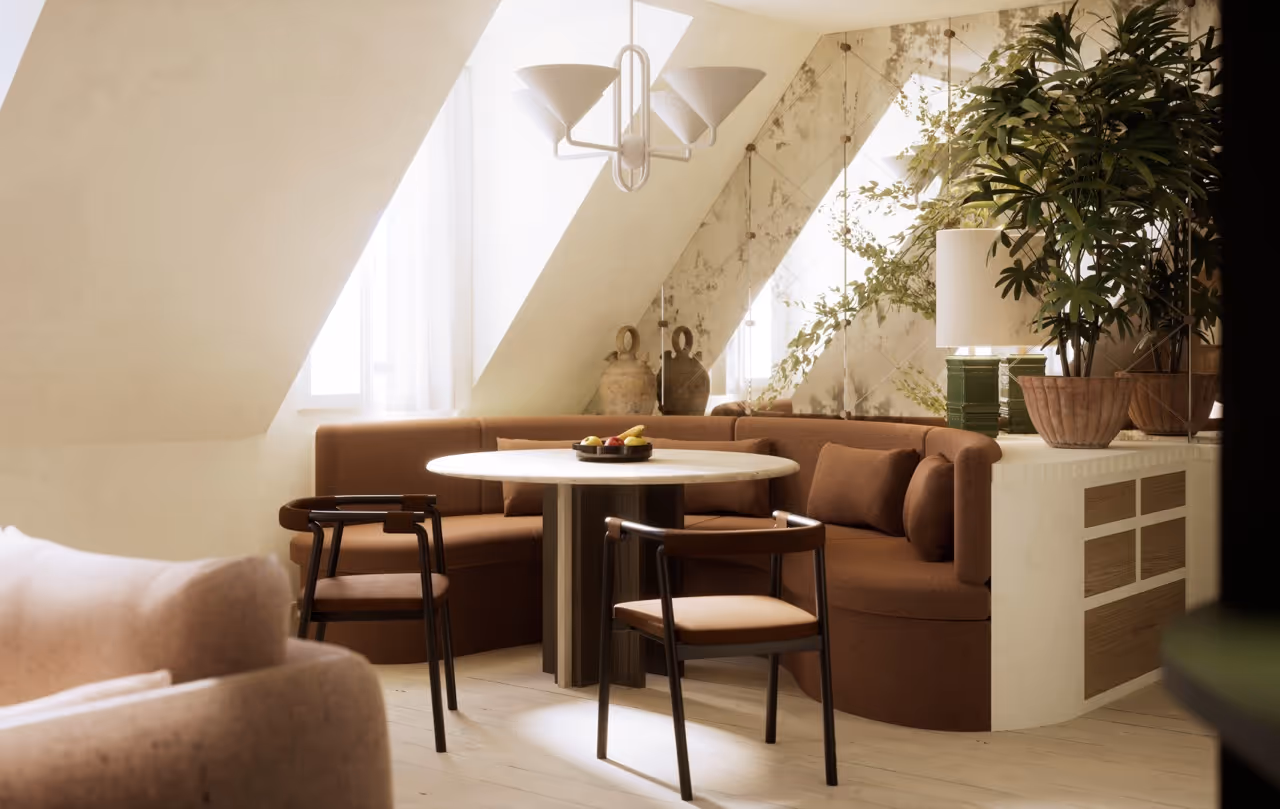 Salon chaleureux avec sofa beige et cuisine moderne