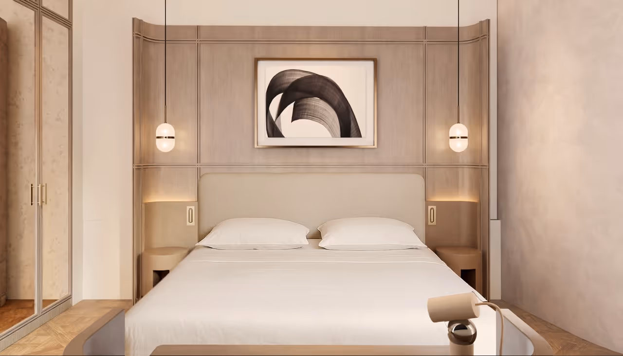 Chambre élégante avec lit double et décoration minimaliste