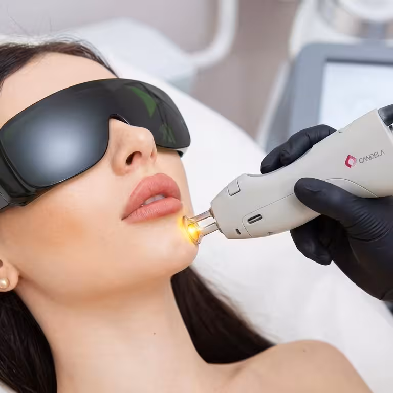 A woman is laid back and is wearing tinted protective eyewear while a hand-held laser handle is applied to her jaw line 