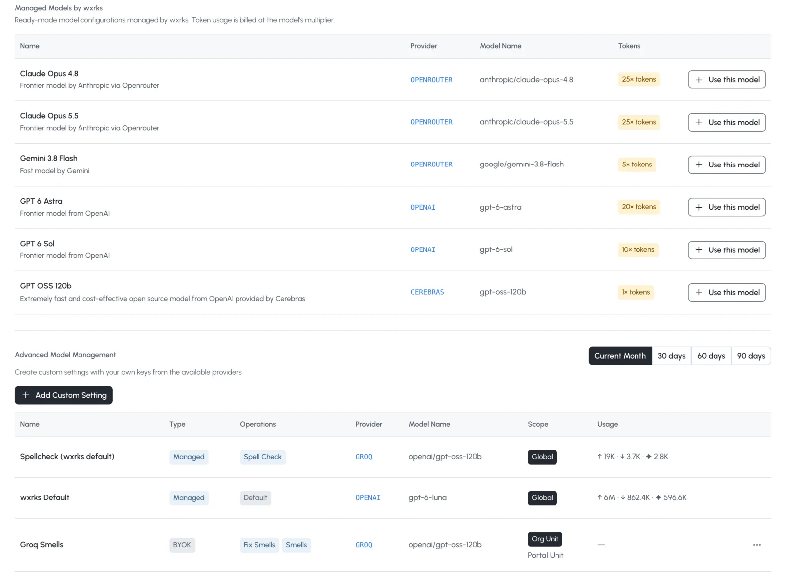 Model Management: managed models from Anthropic, Google and OpenAI, and custom settings scoped to an organizational unit