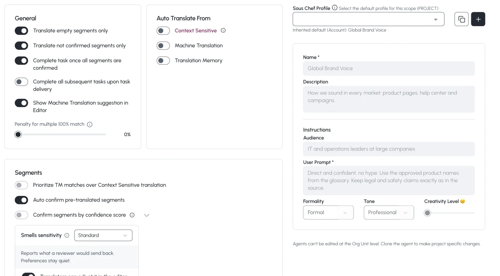 A project's Translation Settings: Smells sensitivity, confirming segments by confidence score, and a Global Brand Voice Sous Chef Profile for IT and operations leaders, formal and professional