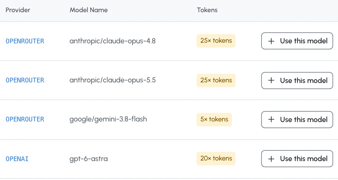 Model Management: providers, models and their token multipliers, each with Use this model