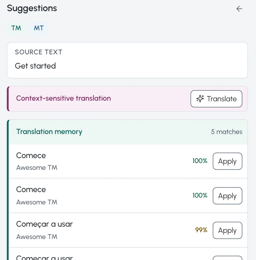 Editor suggestions: five translation memory matches at 100% and 99%