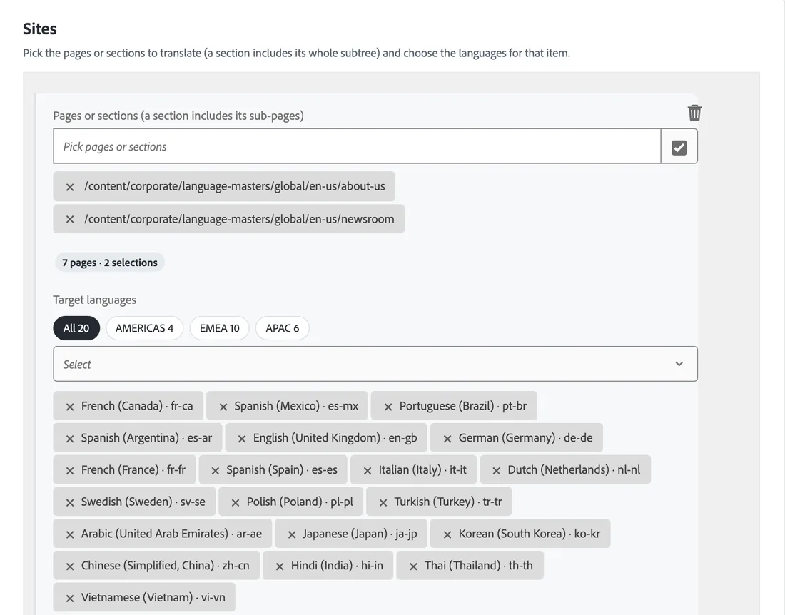 The Bulk Translation wizard in AEM: two sections of the corporate site picked, with 20 target languages and region shortcuts
