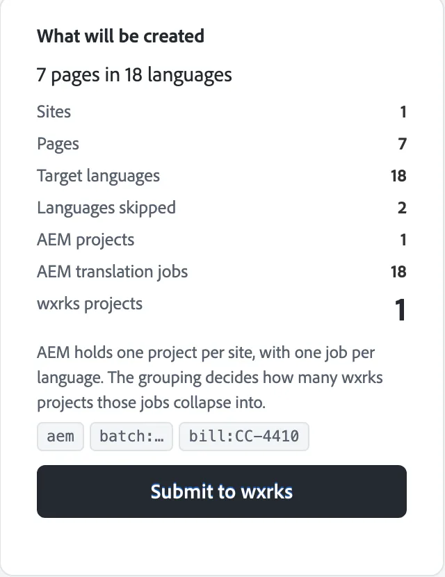 What will be created: 7 pages in 18 languages, 2 languages skipped, 18 AEM jobs grouped into one wxrks project