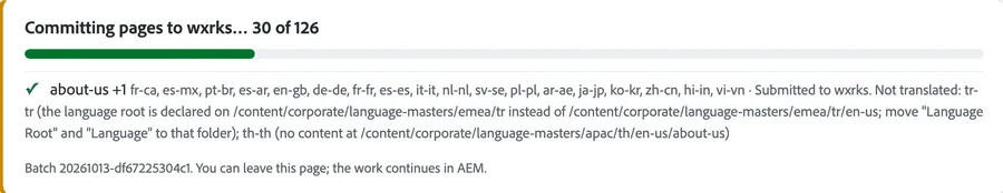Committing pages to wxrks, 30 of 126, with the languages sent and the two skipped