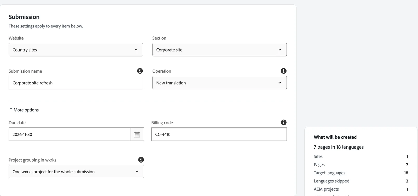 The Bulk Translation wizard: website and section, a submission name, due date, billing code and project grouping, with what will be created on the right