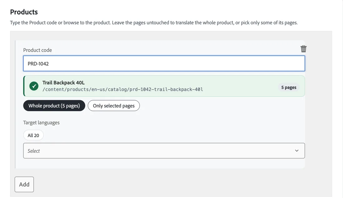 A product found by its code, PRD-1042, with its 5 pages, sent whole or page by page