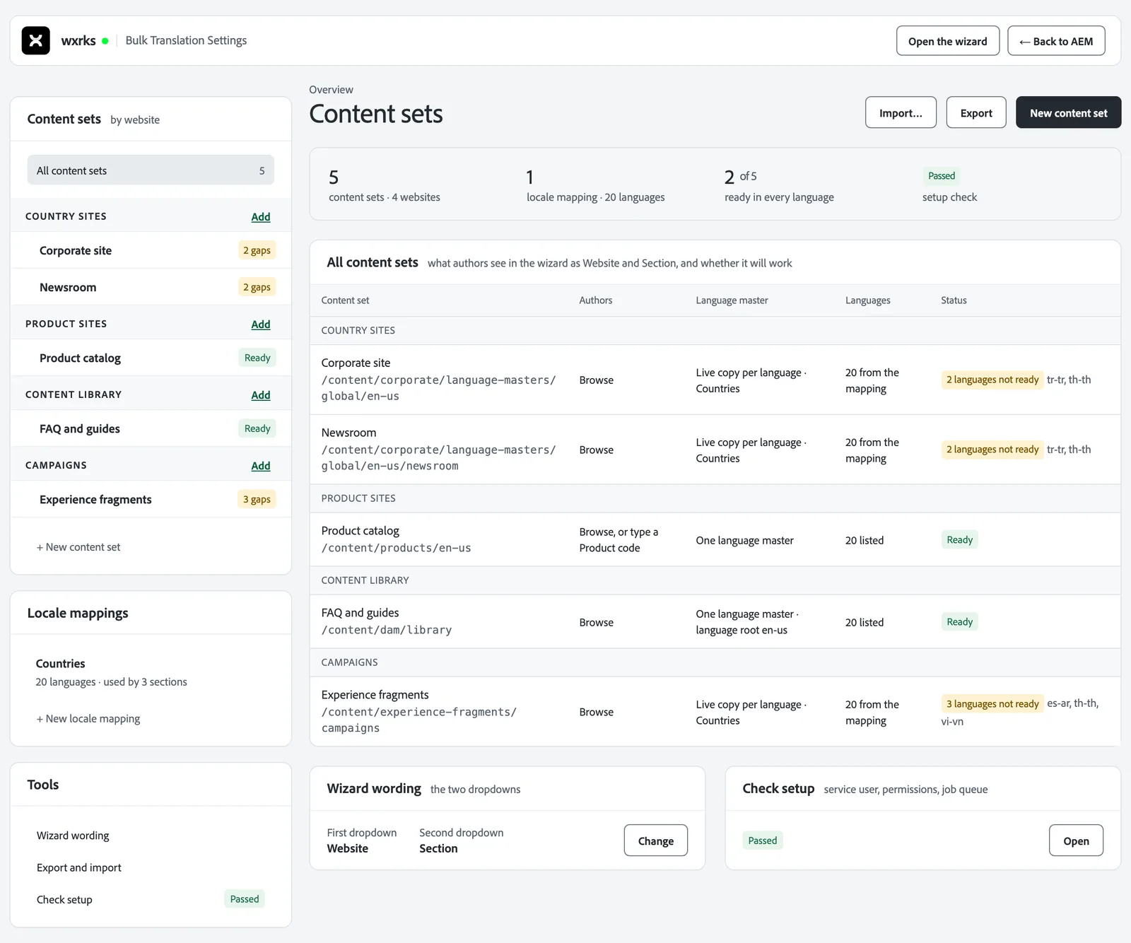 Bulk Translation Settings: five content sets across four websites, each with its status, two ready and three with gaps