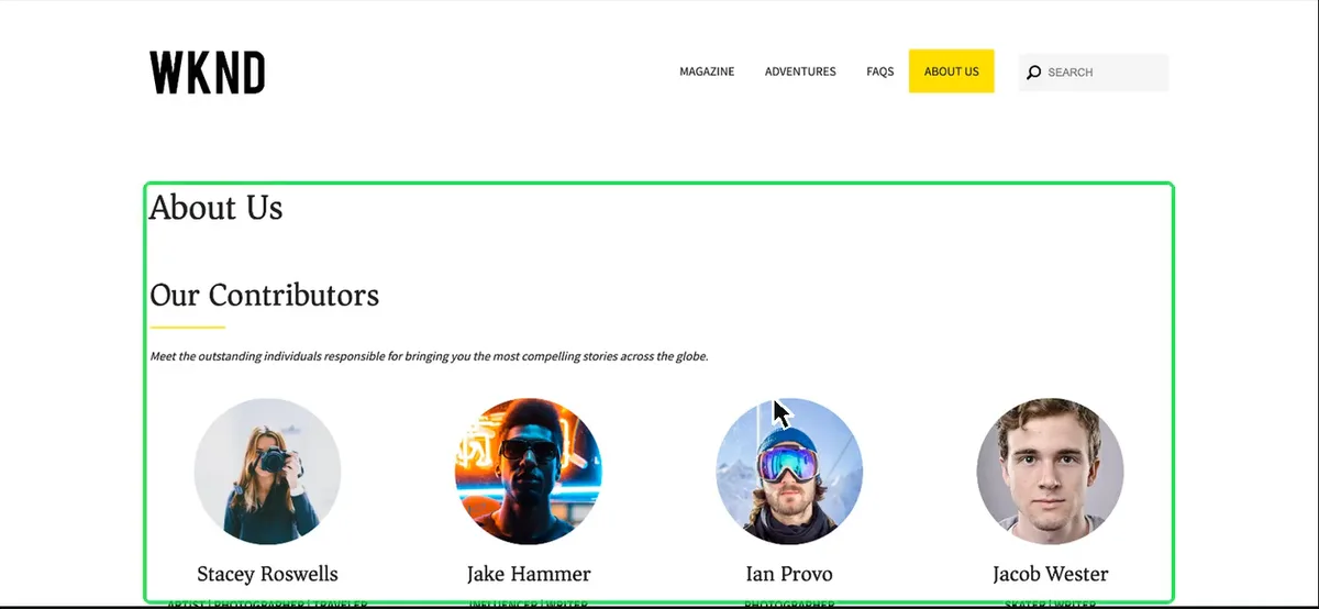 Adobe's WKND sample site in AEM: the About Us page in English