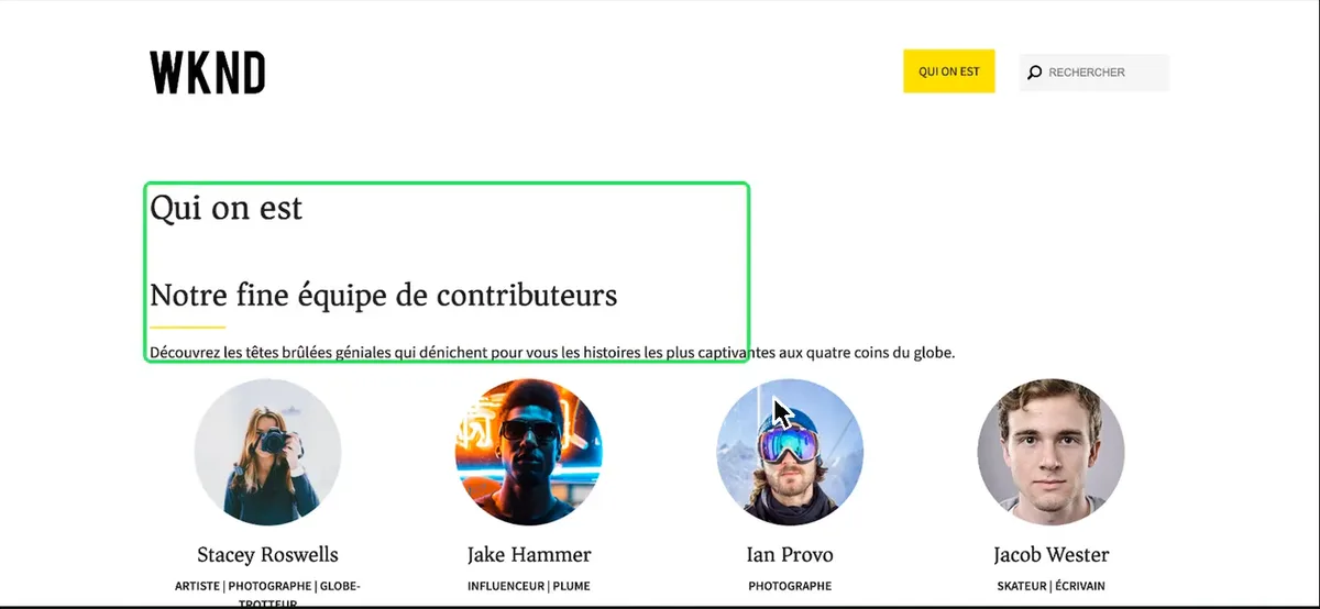 The same WKND page back in AEM in French, Qui on est, ready for review