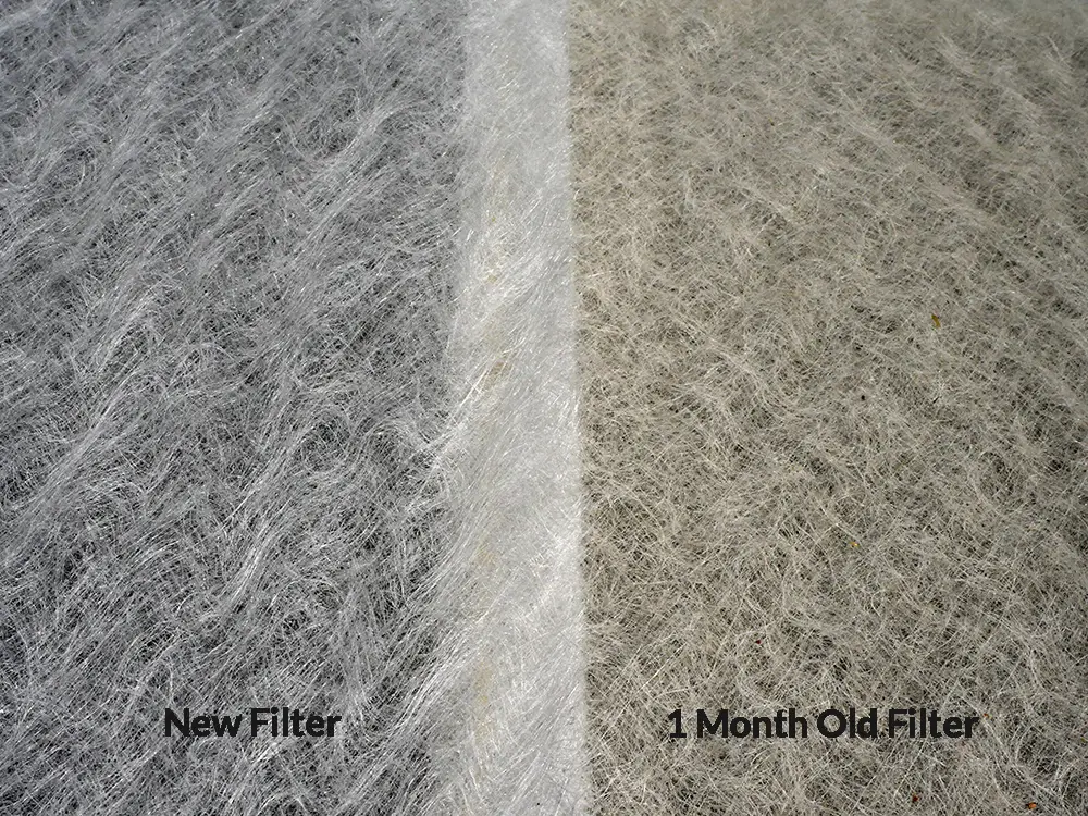 Side-by-side comparison of a new HVAC filter (left) and a 1-month-old used filter (right), highlighting the buildup of dust and debris over time.