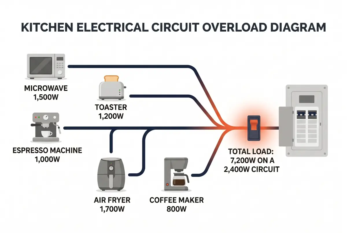 Diagram showing a kitchen electrical circuit overload with microwave, toaster, espresso machine, air fryer, and coffee maker exceeding breaker capacity on a residential kitchen circuit.