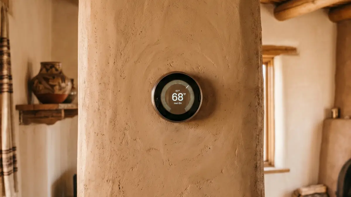 A modern Nest smart thermostat reading 68 degrees, mounted on a textured, mud-plastered adobe wall in a traditional Southwestern-style living room with exposed wood ceiling beams, a window, and decorative pottery on a shelf.