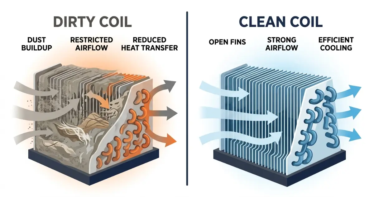 Comparison of dirty vs clean AC evaporator coil showing dust buildup restricting airflow and reduced heat transfer versus clean coil with strong airflow and efficient cooling