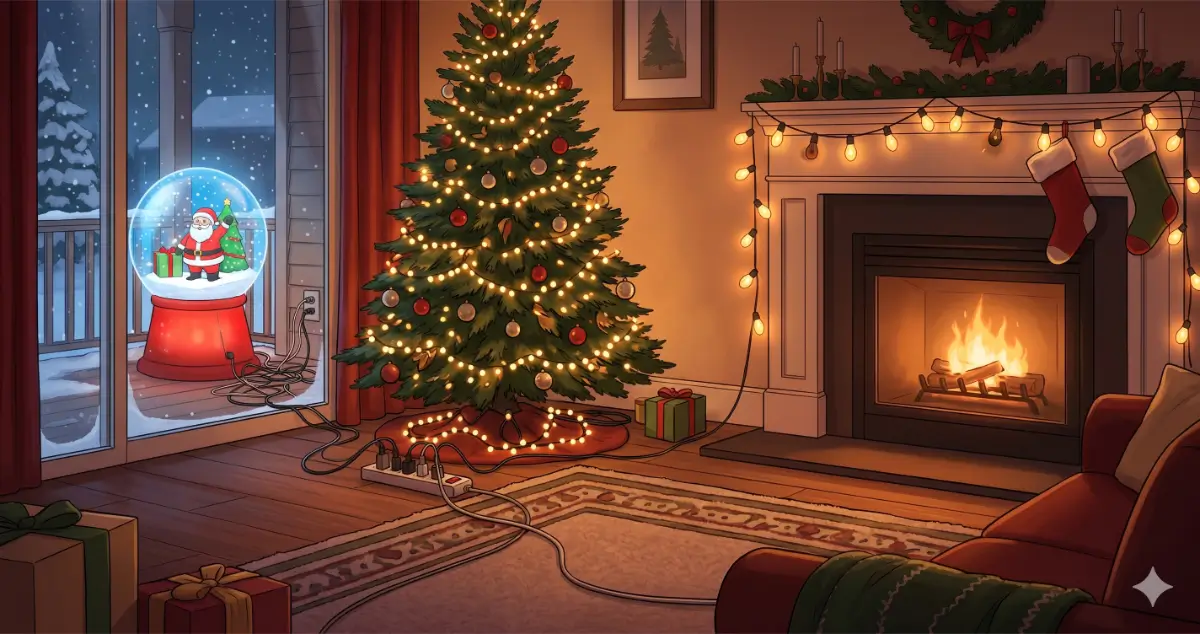 Christmas living room with overloaded power strip and tangled extension cords powering holiday lights near a fireplace and Christmas tree, illustrating electrical safety hazards during the holidays.