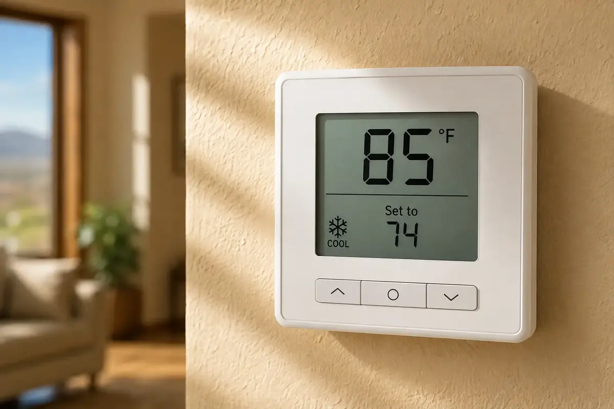 Close-up of a digital thermostat showing an indoor temperature of 85°F with the cooling system set to 74°F in a sunlit Southwestern home.