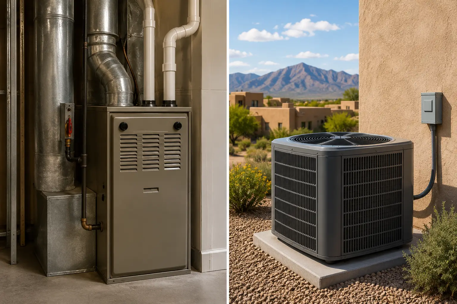 Gas furnace and heat pump side-by-side, comparing home heating options for Albuquerque, New Mexico.