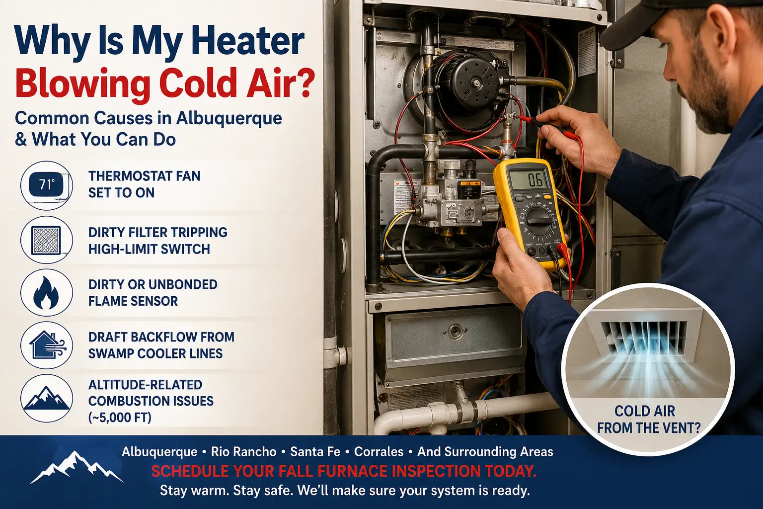 HVAC technician diagnosing a gas furnace blowing cold air in an Albuquerque home using a multimeter to test the heating system.