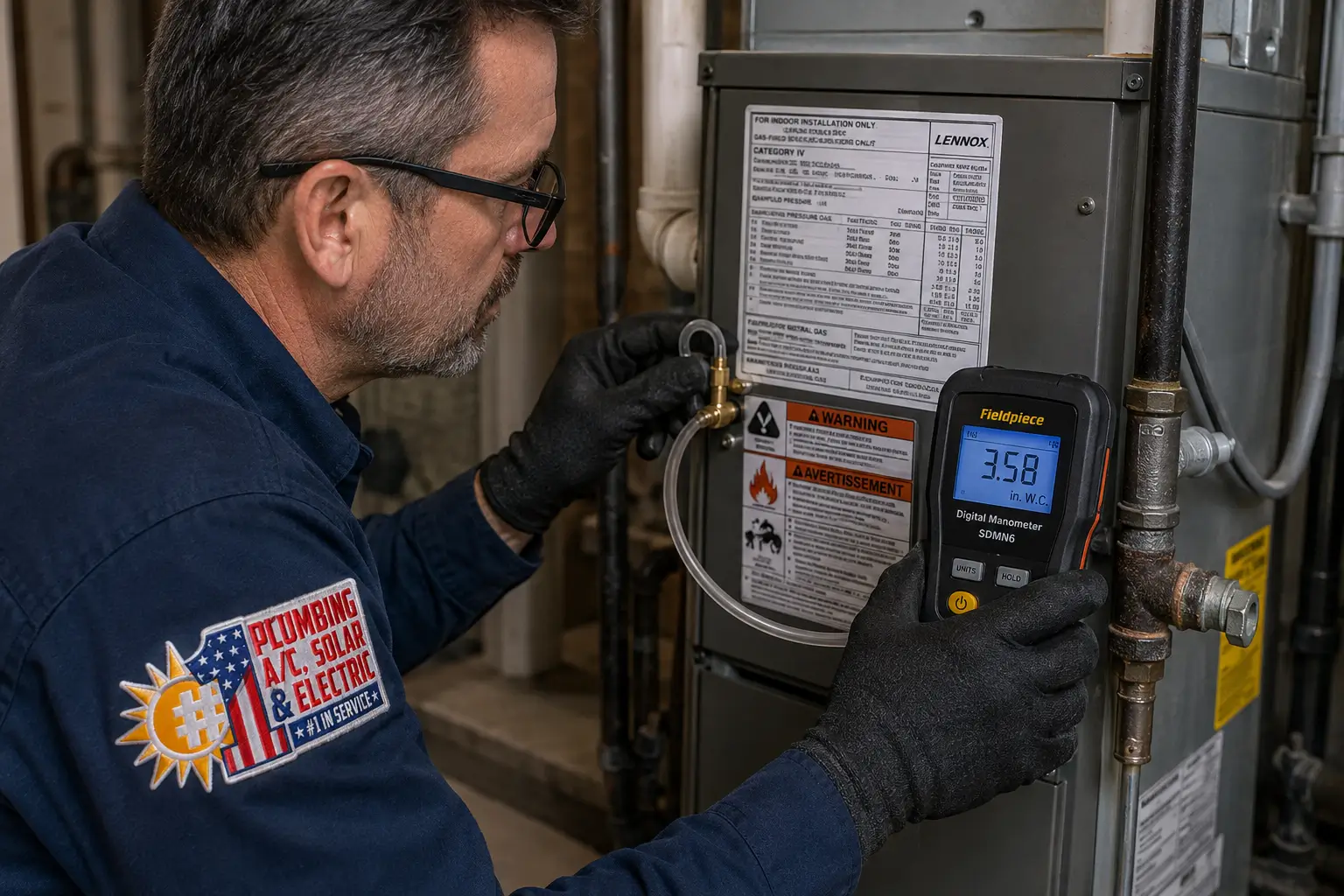HVAC technician verifying manifold gas pressure during furnace commissioning in Albuquerque to ensure the new furnace is properly configured.