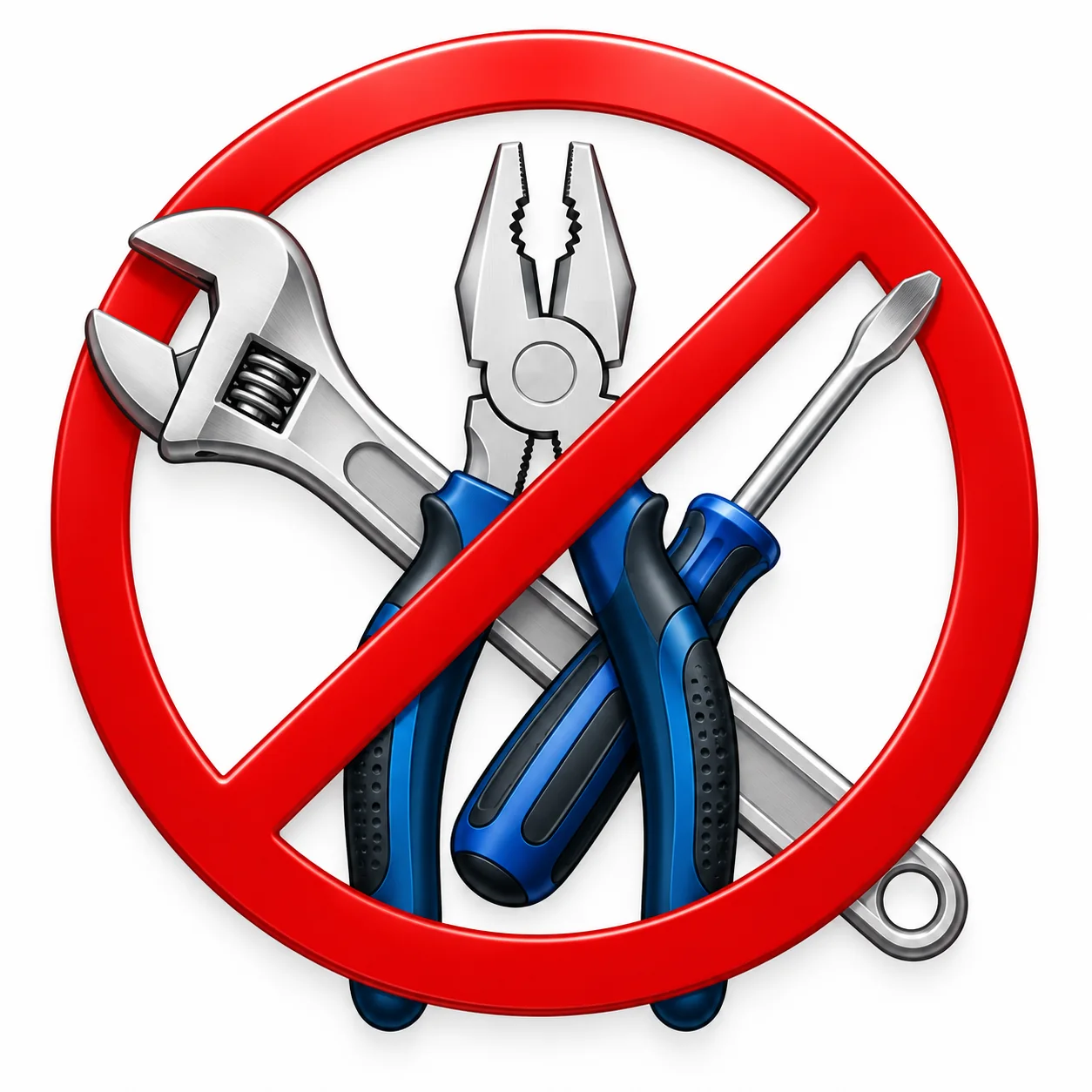 Adjustable wrench, pliers, and screwdriver crossed and overlaid with a red prohibition sign indicating no tools allowed.